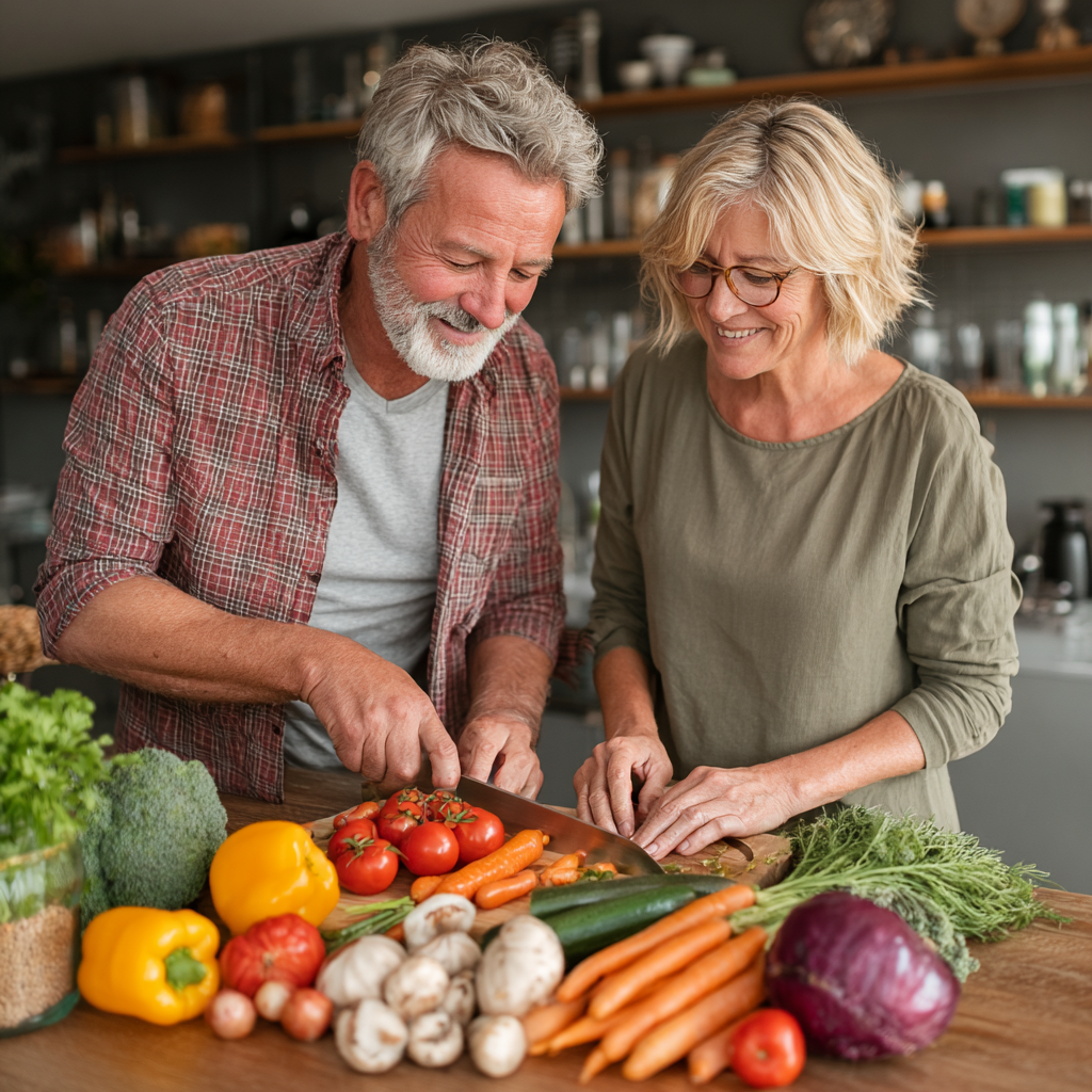 Happy middle-aged couple in their 50s cooking together with fresh vegetables and healthy ingredients in a modern kitchen, showing teamwork in healthy lifestyle