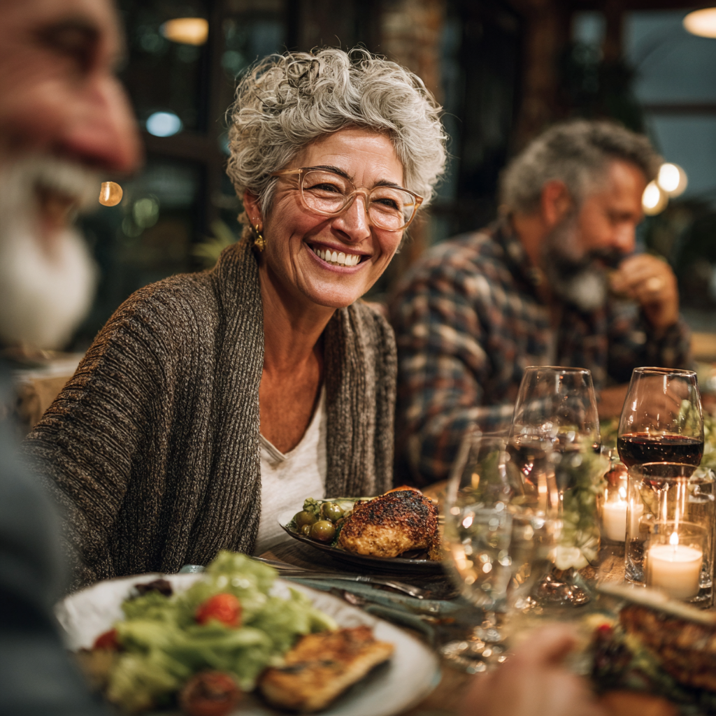 Diverse group of adults aged 40-55 enjoying a healthy meal together, showing colorful vegetables and balanced nutrition in a bright dining setting